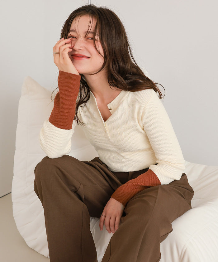 ティティベイト titivate 袖配色ヘンリーネックニット （レッド） レッド