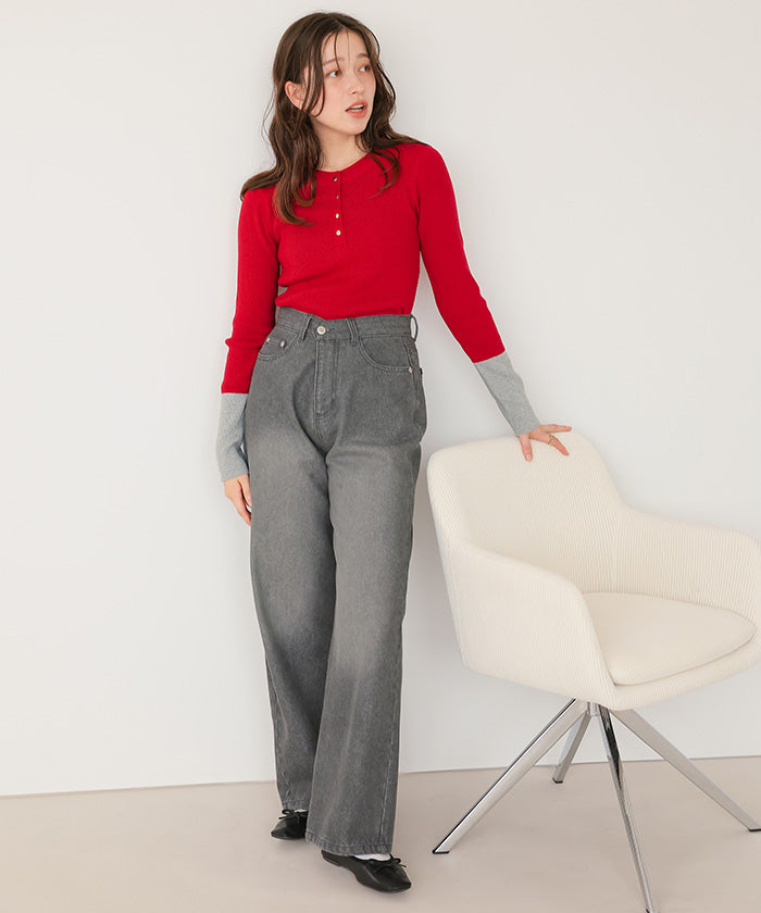 ティティベイト titivate 袖配色ヘンリーネックニット （レッド） レッド