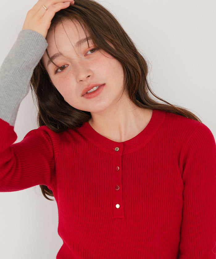 ティティベイト titivate 袖配色ヘンリーネックニット （レッド） レッド