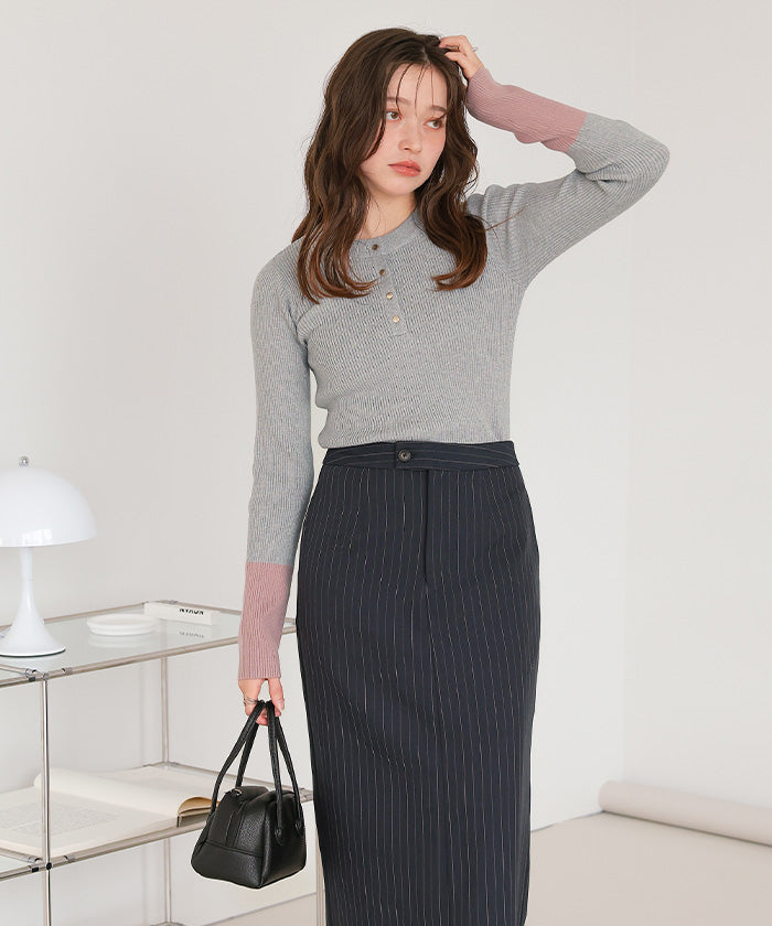 ティティベイト titivate 袖配色ヘンリーネックニット （レッド） レッド