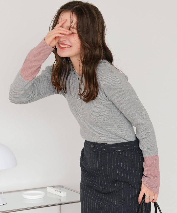 ティティベイト titivate 袖配色ヘンリーネックニット （レッド） レッド