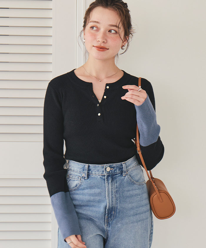 ティティベイト titivate 袖配色ヘンリーネックニット （レッド） レッド