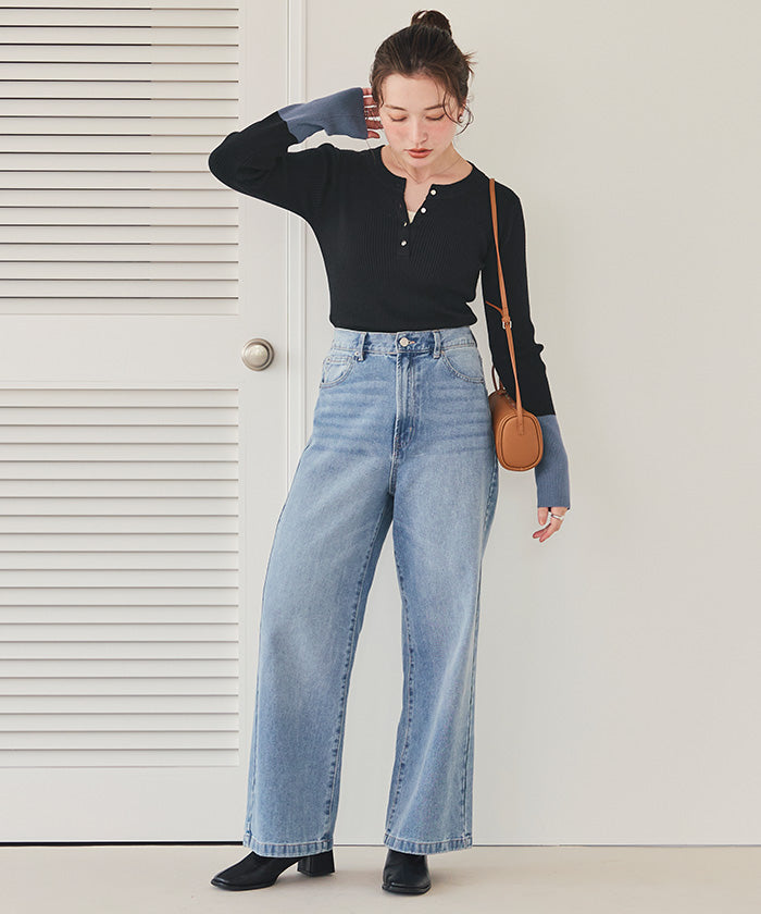 ティティベイト titivate 袖配色ヘンリーネックニット （レッド） レッド