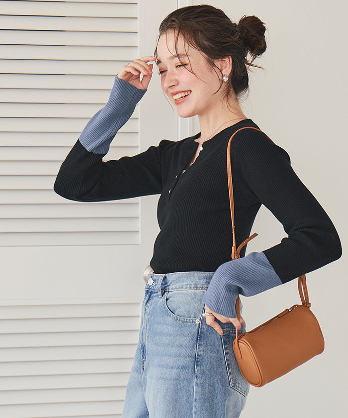 ティティベイト titivate 袖配色ヘンリーネックニット （レッド） レッド