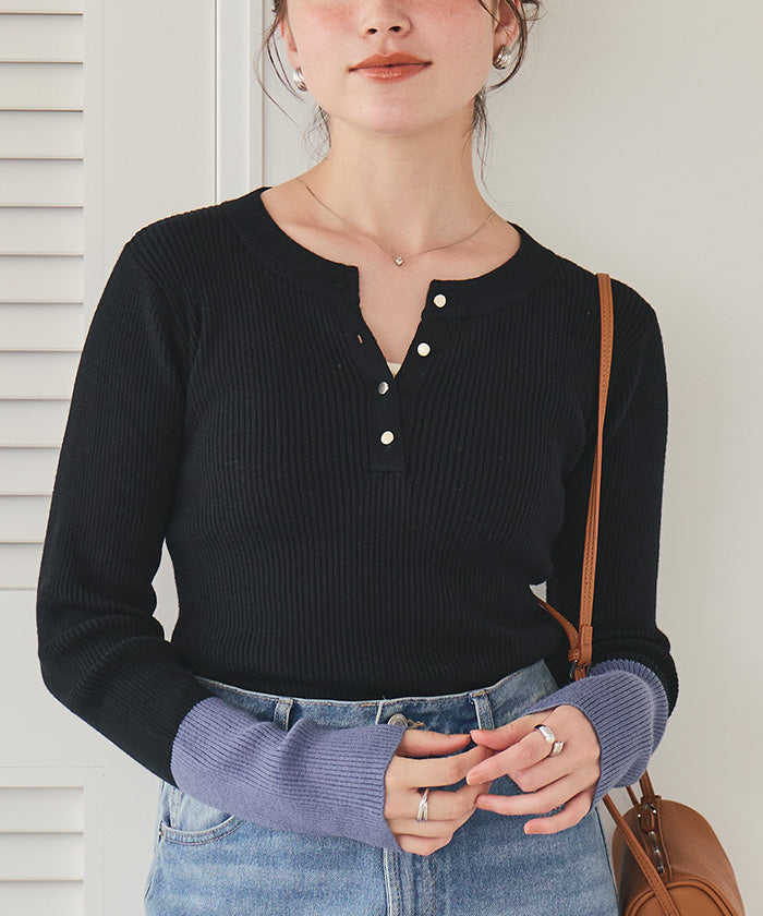 ティティベイト titivate 袖配色ヘンリーネックニット （ブラック） ブラック