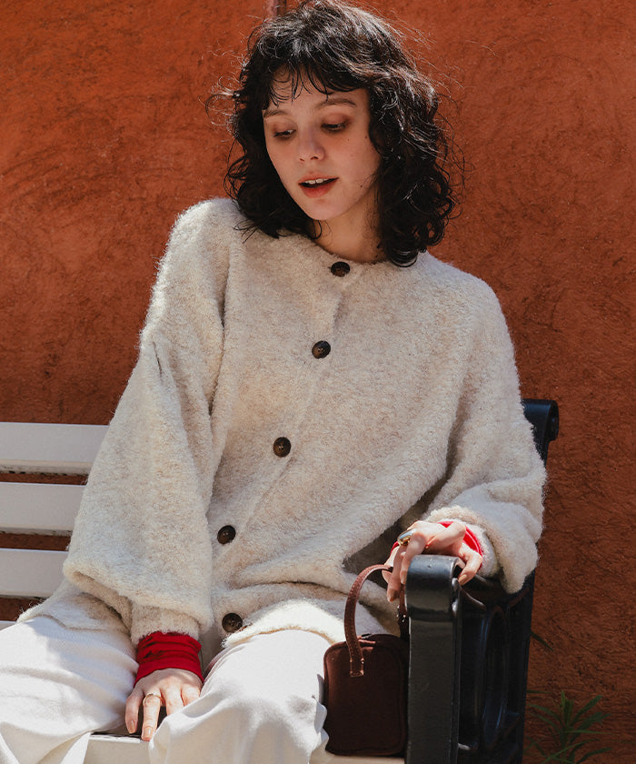 ティティベイト titivate ウール混ブークレボリュームスリーブニットカーディガン （ブルー） ブルー