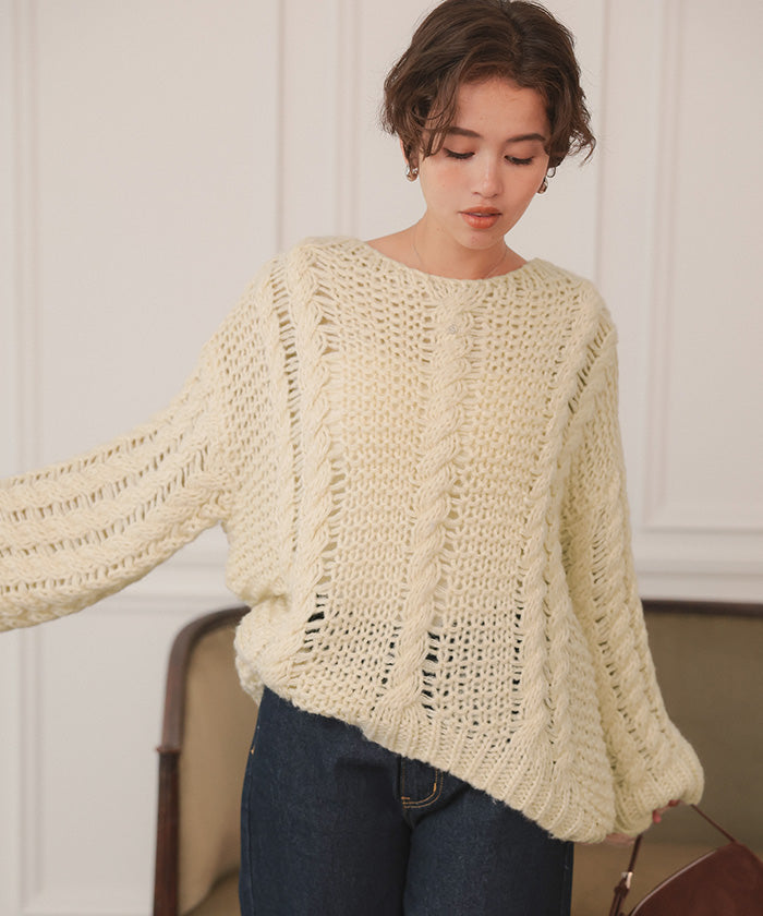 ティティベイト titivate ハンドライクボートネックケーブルニット （グレージュ） グレージュ