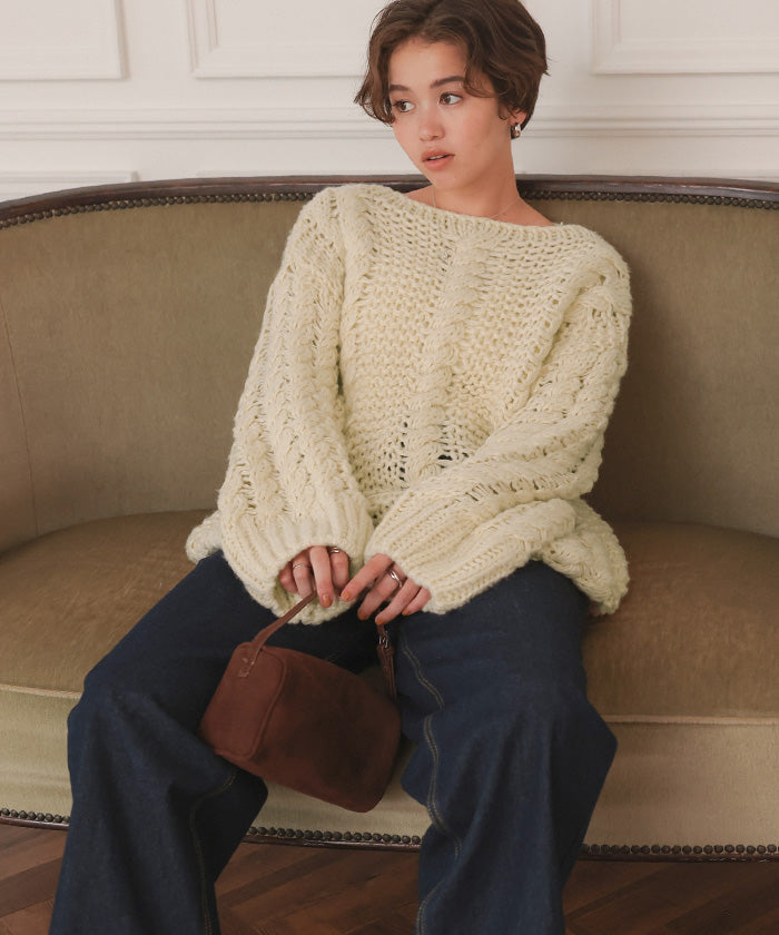 ティティベイト titivate ハンドライクボートネックケーブルニット （グレージュ） グレージュ