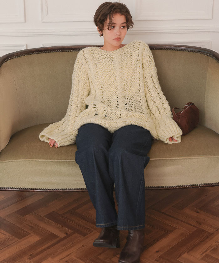 ティティベイト titivate ハンドライクボートネックケーブルニット （グレージュ） グレージュ