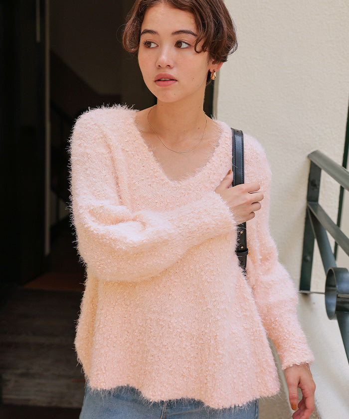 ティティベイト titivate ポコポコシャギーオーバーサイズVネックニット （オフホワイト） オフホワイト