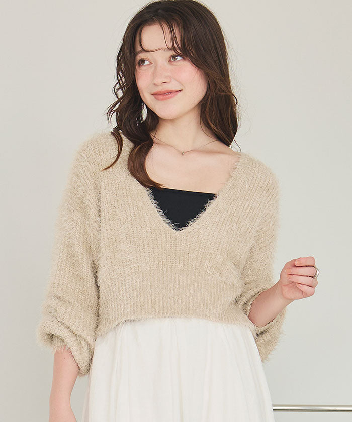 ティティベイト titivate 深Vネックショートシャギーニット （ライトベージュ） ライトベージュ