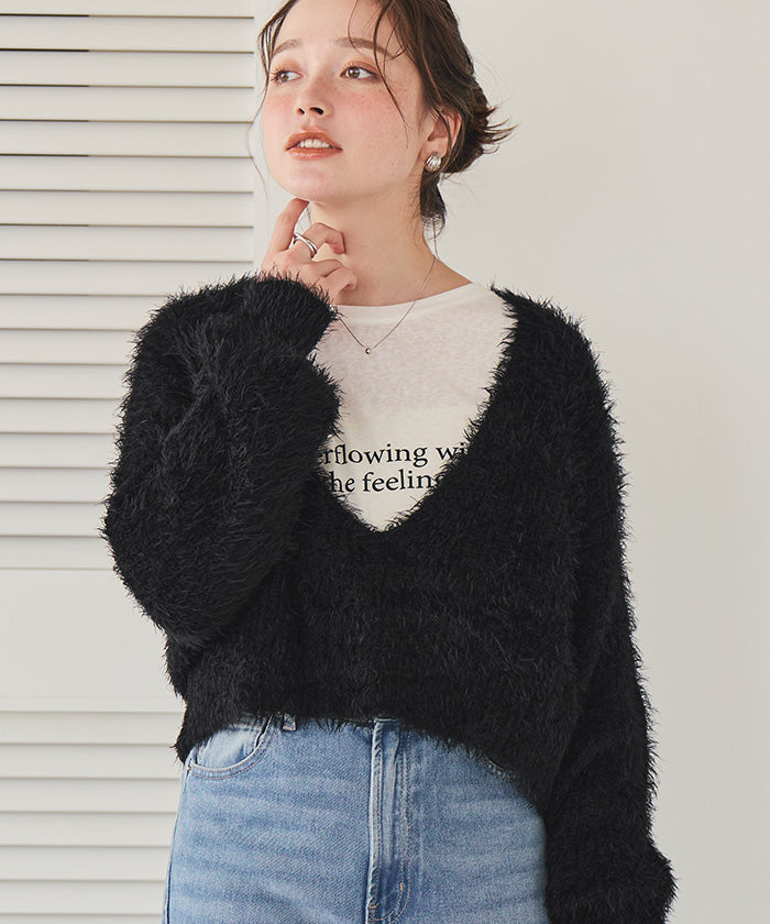 ティティベイト titivate 深Vネックショートシャギーニット （ライトベージュ） ライトベージュ