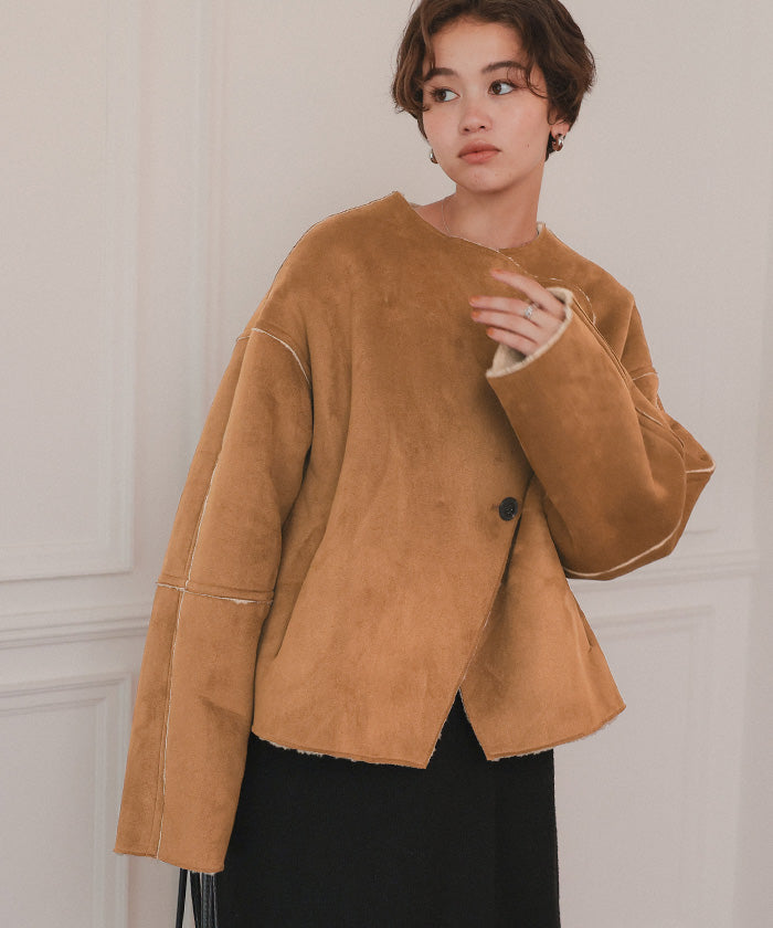 ティティベイト titivate フェイクムートンノーカラージャケット （ライトベージュ） ライトベージュ