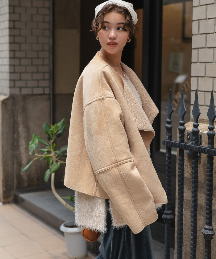 ティティベイト titivate フェイクムートンノーカラージャケット （ライトベージュ） ライトベージュ