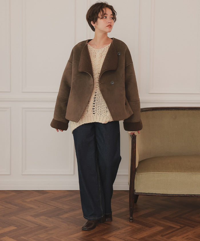 ティティベイト titivate フェイクムートンノーカラージャケット （ライトベージュ） ライトベージュ