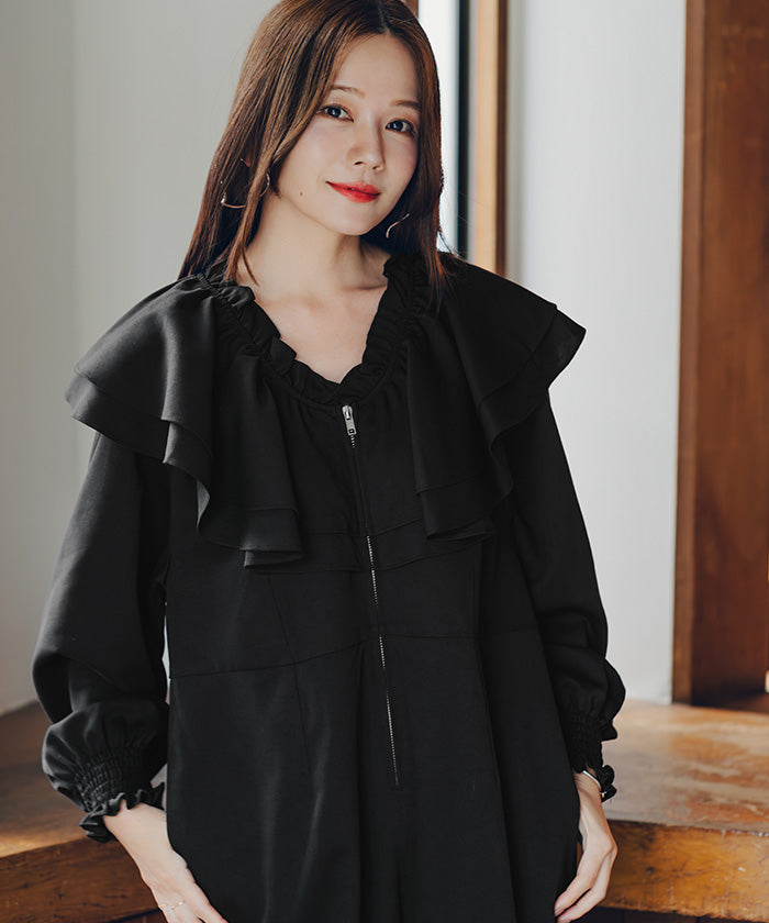ティティベイト titivate フロントファスナーフリルデザインオールインワン （ブラック） ブラック