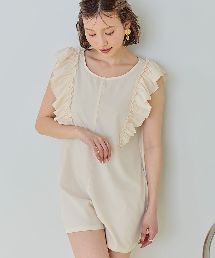 ティティベイト titivate ショルダーフリルオールインワン/ワンピース水着【返品不可商品】 （バニラ/ライトブラウン） バニラ/ライトブラウン