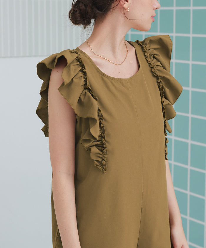 ティティベイト titivate ショルダーフリルオールインワン/ワンピース水着【返品不可商品】 （バニラ/ライトブラウン） バニラ/ライトブラウン