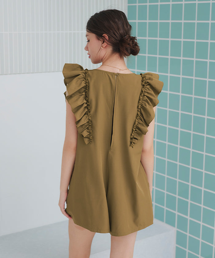 ティティベイト titivate ショルダーフリルオールインワン/ワンピース水着【返品不可商品】 （バニラ/ライトブラウン） バニラ/ライトブラウン