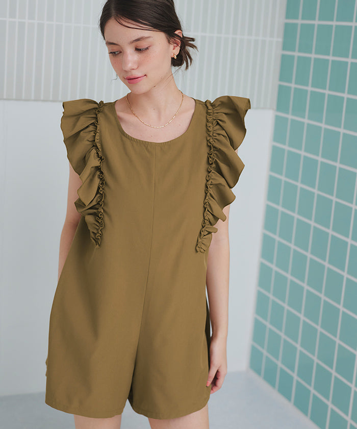 ティティベイト titivate ショルダーフリルオールインワン/ワンピース水着【返品不可商品】 （バニラ/ライトブラウン） バニラ/ライトブラウン