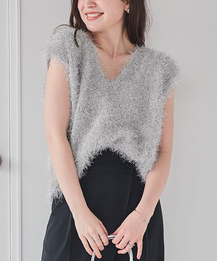 ティティベイト titivate 前後2wayVネックシャギーニットベスト （シルバー） シルバー