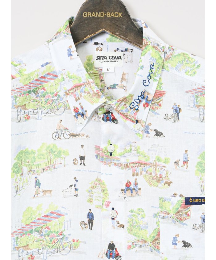 【大きいサイズ】シナコバ/SINA COVA 麻 マルシェプリント ボタンダウン半袖シャツ （青） メンズ シャツ カジュアル トップス インナー 半袖 5分袖 ギフト プレゼント ライトアウター カーディガン アウター 青