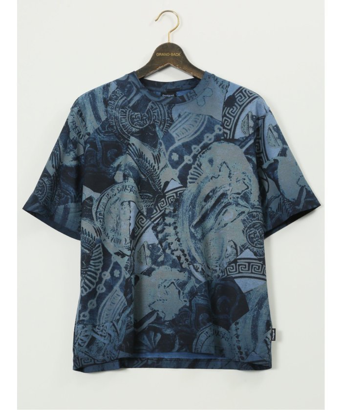 グランバック GRAND-BACK 【大きいサイズ】デシグアル/Desigual 綿ジャージー プリント クルーネック 半袖 Tシャツ （青） 青