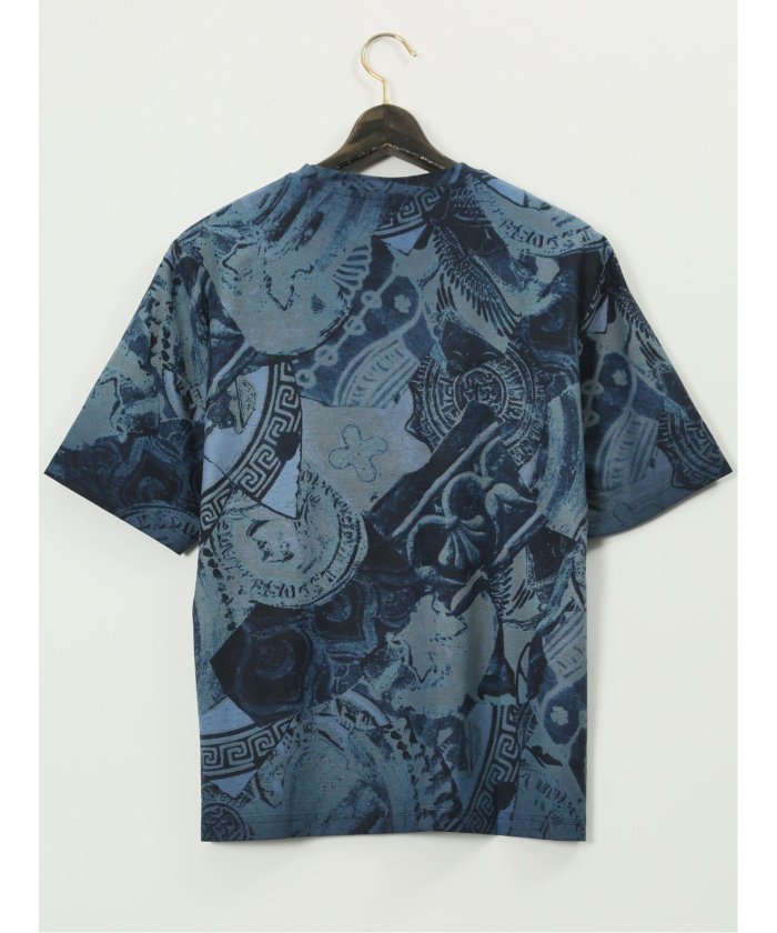 グランバック GRAND-BACK 【大きいサイズ】デシグアル/Desigual 綿ジャージー プリント クルーネック 半袖 Tシャツ （青） 青