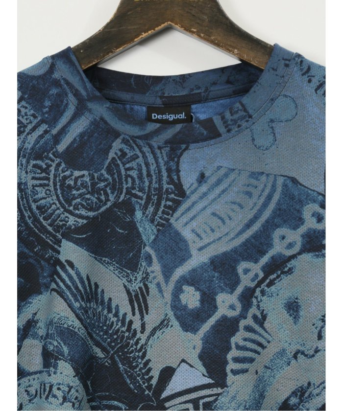 グランバック GRAND-BACK 【大きいサイズ】デシグアル/Desigual 綿ジャージー プリント クルーネック 半袖 Tシャツ （青） 青