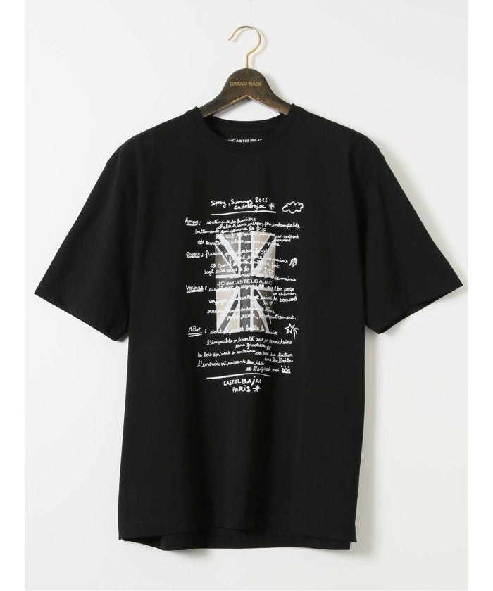 グランバック GRAND-BACK 【大きいサイズ】カステルバジャック/CASTELBAJAC 綿混 ストレッチ プリント クルー 半袖 Tシャツ （黒） 黒