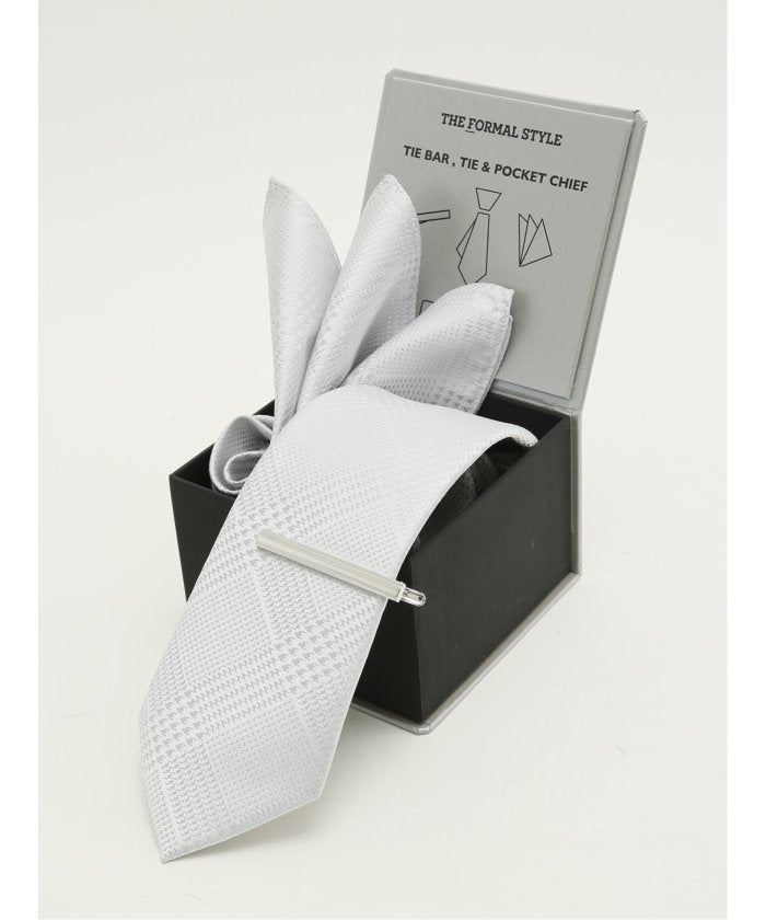 エムエフエディトリアル m.f.editorial フォーマルネクタイ＆チーフ＆タイバー BOXセット グレンチェック （ライトグレー） ライトグレー