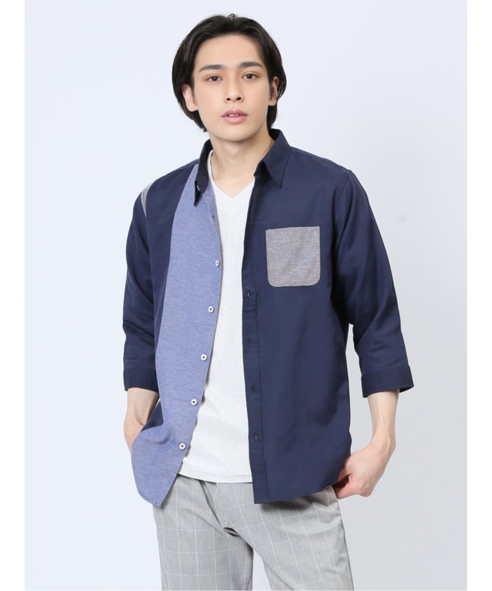 エムエフエディトリアル m.f.editorial 綿混オックス 切替レギュラーカラー7分袖シャツ メンズ シャツ カジュアル トップス インナー 半袖 ギフト プレゼント ライトアウター カーディガン アウター （紺） 紺