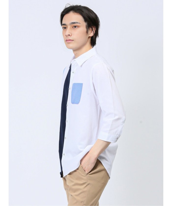 エムエフエディトリアル m.f.editorial 綿混オックス 切替レギュラーカラー7分袖シャツ メンズ シャツ カジュアル トップス インナー 半袖 ギフト プレゼント ライトアウター カーディガン アウター （紺） 紺