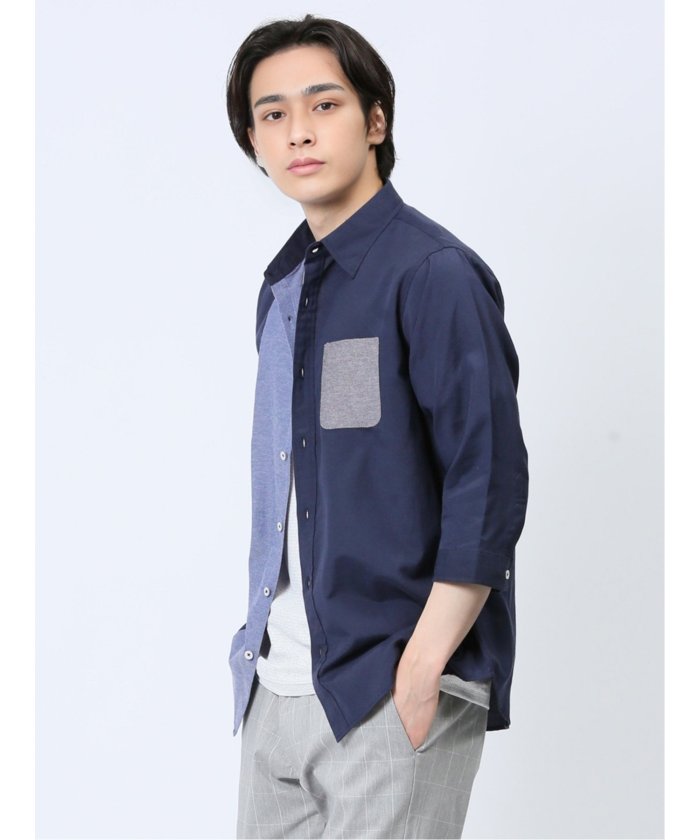 エムエフエディトリアル m.f.editorial 綿混オックス 切替レギュラーカラー7分袖シャツ メンズ シャツ カジュアル トップス インナー 半袖 ギフト プレゼント ライトアウター カーディガン アウター （紺） 紺