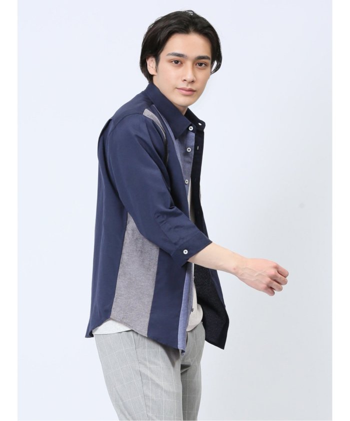 エムエフエディトリアル m.f.editorial 綿混オックス 切替レギュラーカラー7分袖シャツ メンズ シャツ カジュアル トップス インナー 半袖 ギフト プレゼント ライトアウター カーディガン アウター （紺） 紺