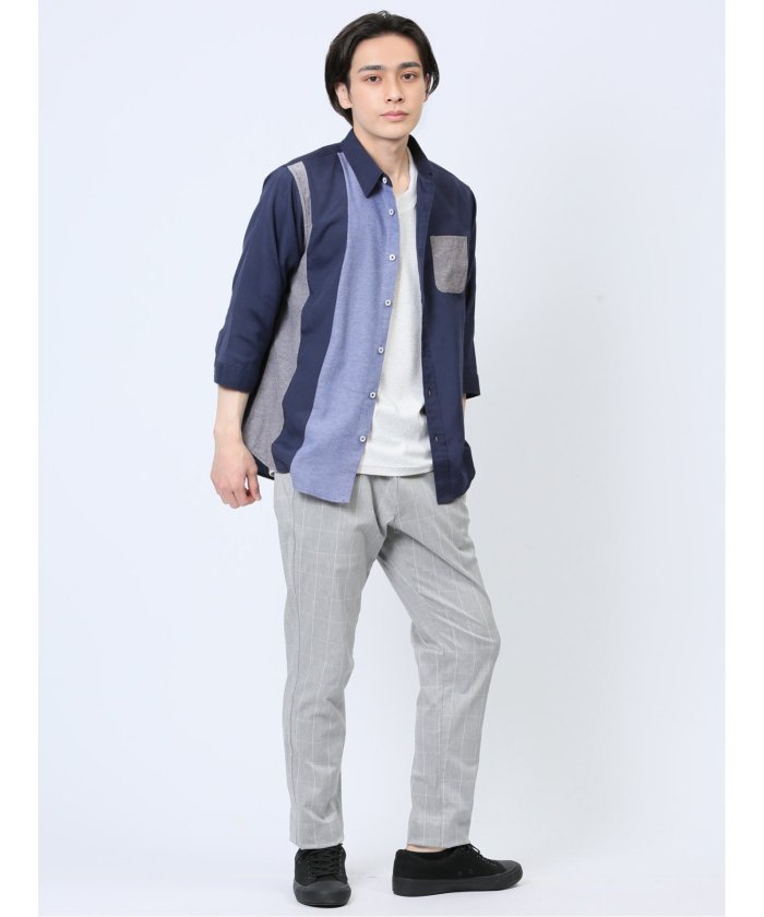 エムエフエディトリアル m.f.editorial 綿混オックス 切替レギュラーカラー7分袖シャツ メンズ シャツ カジュアル トップス インナー 半袖 ギフト プレゼント ライトアウター カーディガン アウター （紺） 紺