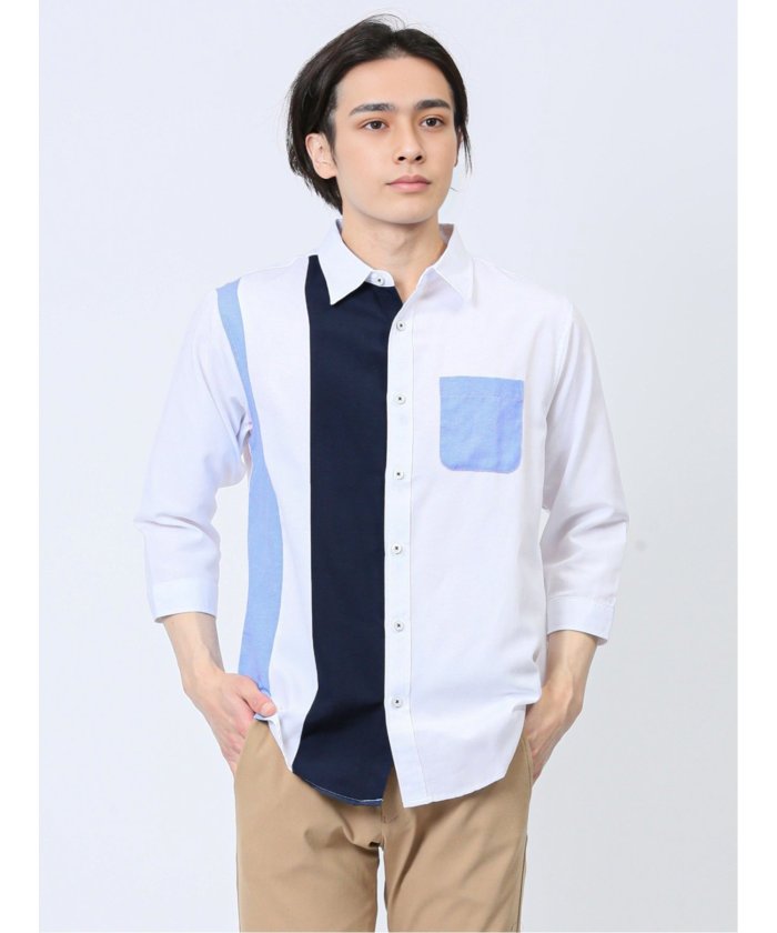 エムエフエディトリアル m.f.editorial 綿混オックス 切替レギュラーカラー7分袖シャツ メンズ シャツ カジュアル トップス インナー 半袖 ギフト プレゼント ライトアウター カーディガン アウター （白） 白