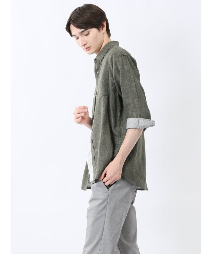 リネン混 レギュラーカラー7分袖シャツ （青） メンズ シャツ カジュアル トップス インナー 半袖 5分袖 ギフト プレゼント ライトアウター カーディガン アウター 青