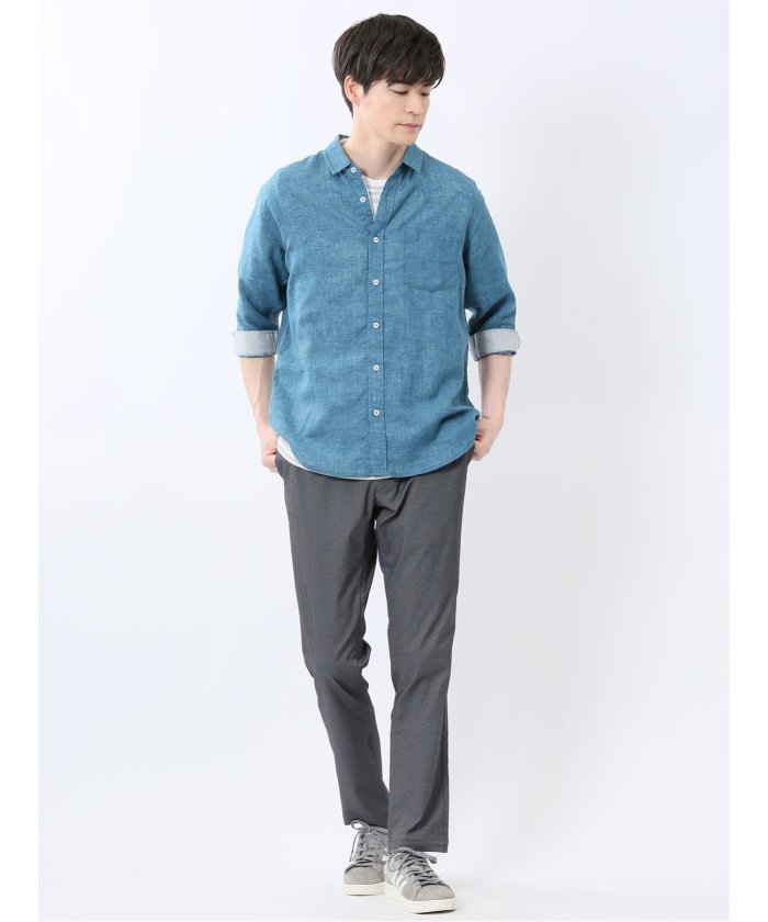 リネン混 レギュラーカラー7分袖シャツ （青） メンズ シャツ カジュアル トップス インナー 半袖 5分袖 ギフト プレゼント ライトアウター カーディガン アウター 青