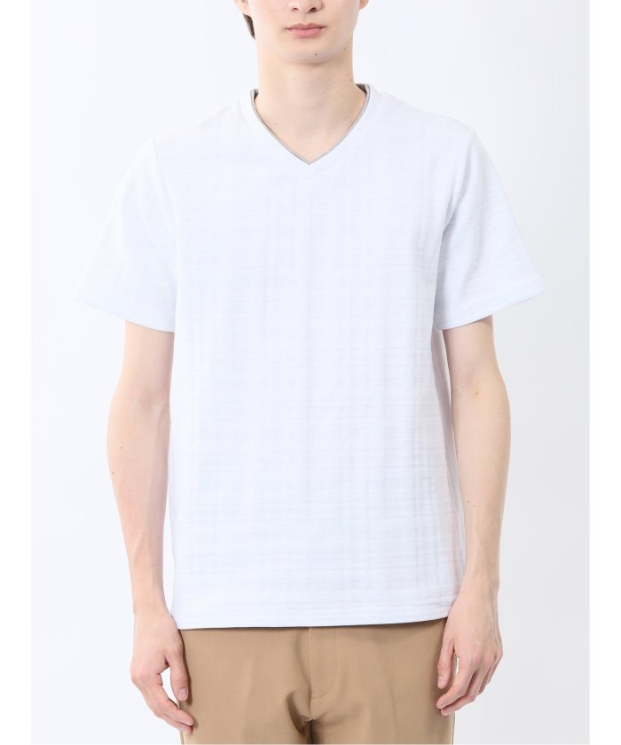 シャドーチェック Vネック半袖Tシャツ （青） メンズ Tシャツ カットソー カジュアル インナー トップス ギフト プレゼント 青