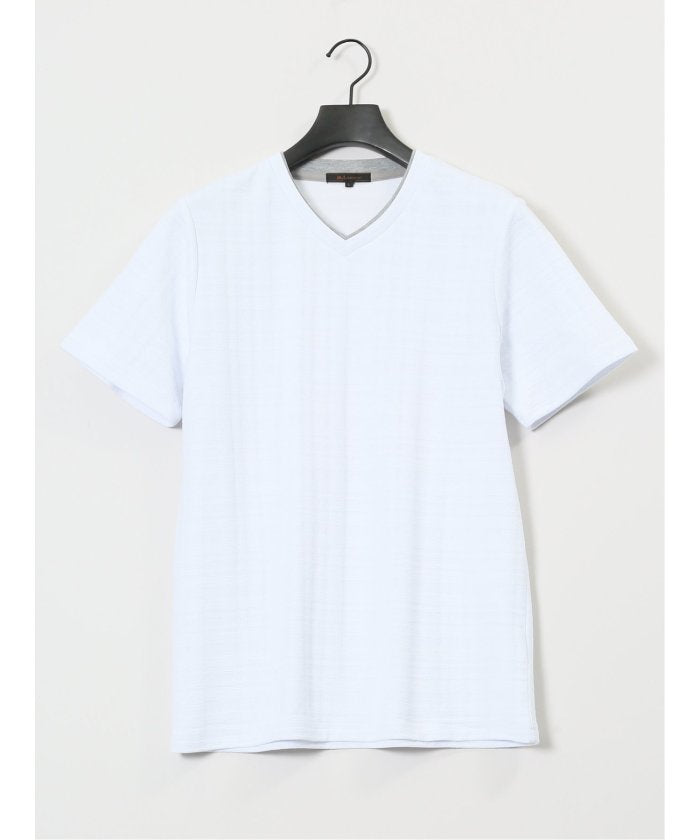 シャドーチェック Vネック半袖Tシャツ （青） メンズ Tシャツ カットソー カジュアル インナー トップス ギフト プレゼント 青