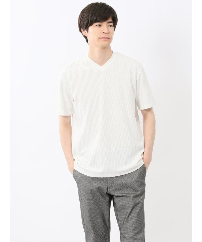 バイヤスジャガード Vネック半袖Tシャツ （アイボリー） メンズ Tシャツ カットソー カジュアル インナー トップス ギフト プレゼント アイボリー