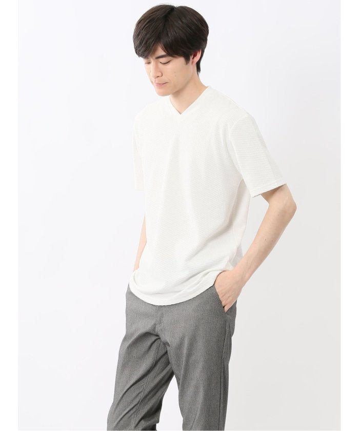 バイヤスジャガード Vネック半袖Tシャツ （アイボリー） メンズ Tシャツ カットソー カジュアル インナー トップス ギフト プレゼント アイボリー