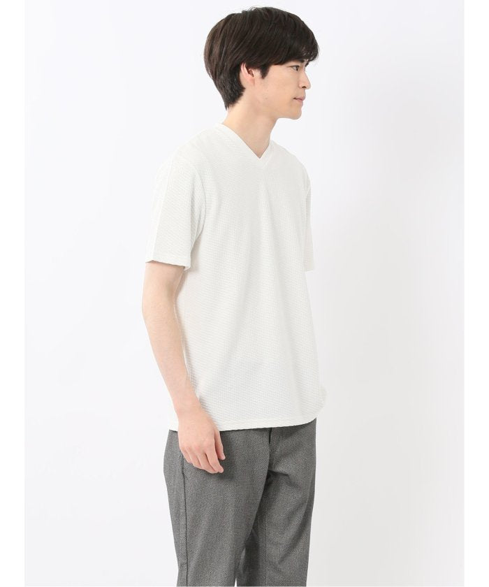 バイヤスジャガード Vネック半袖Tシャツ （アイボリー） メンズ Tシャツ カットソー カジュアル インナー トップス ギフト プレゼント アイボリー