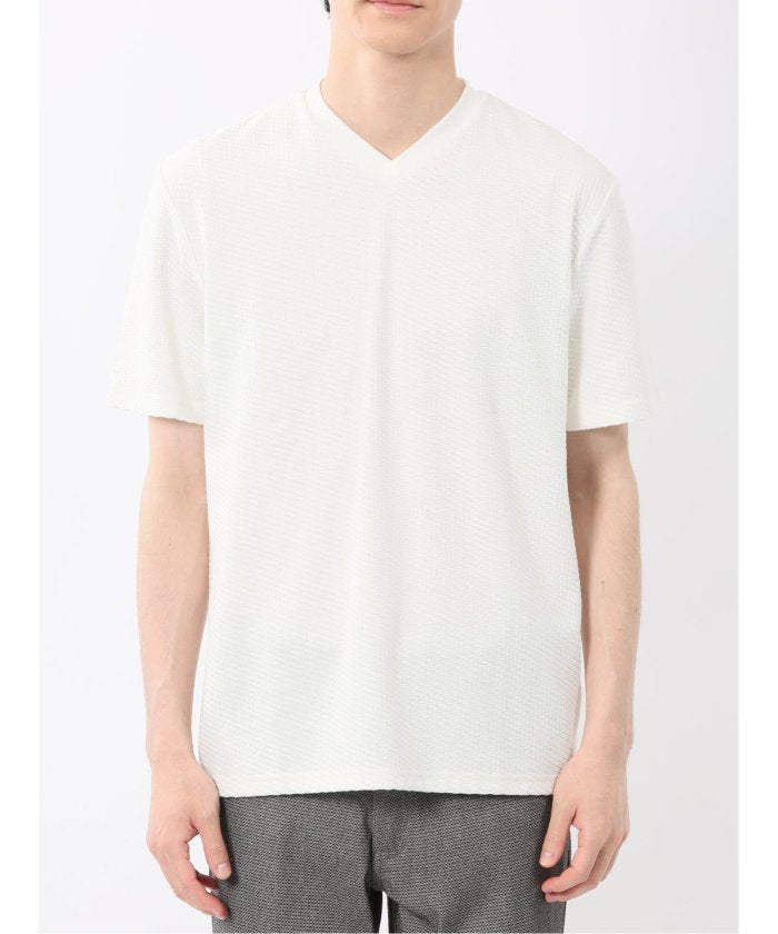 バイヤスジャガード Vネック半袖Tシャツ （アイボリー） メンズ Tシャツ カットソー カジュアル インナー トップス ギフト プレゼント アイボリー
