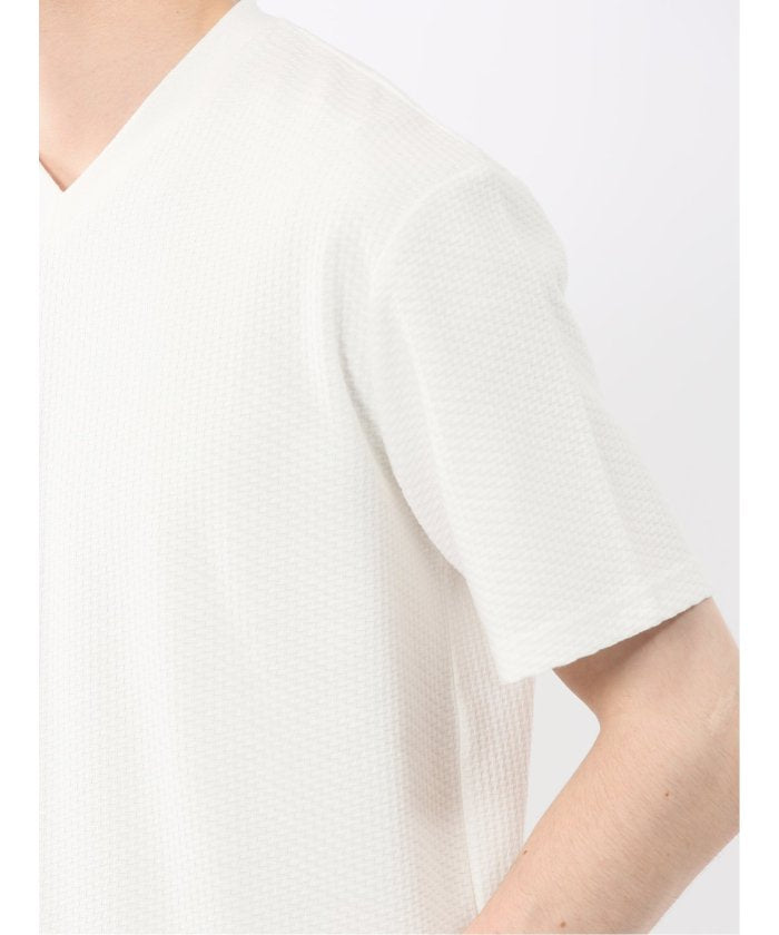 バイヤスジャガード Vネック半袖Tシャツ （アイボリー） メンズ Tシャツ カットソー カジュアル インナー トップス ギフト プレゼント アイボリー