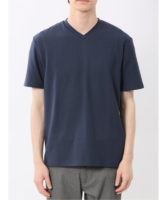 バイヤスジャガード Vネック半袖Tシャツ （アイボリー） メンズ Tシャツ カットソー カジュアル インナー トップス ギフト プレゼント アイボリー