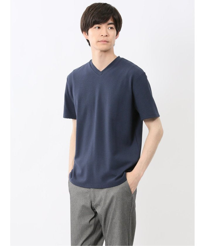 バイヤスジャガード Vネック半袖Tシャツ （アイボリー） メンズ Tシャツ カットソー カジュアル インナー トップス ギフト プレゼント アイボリー