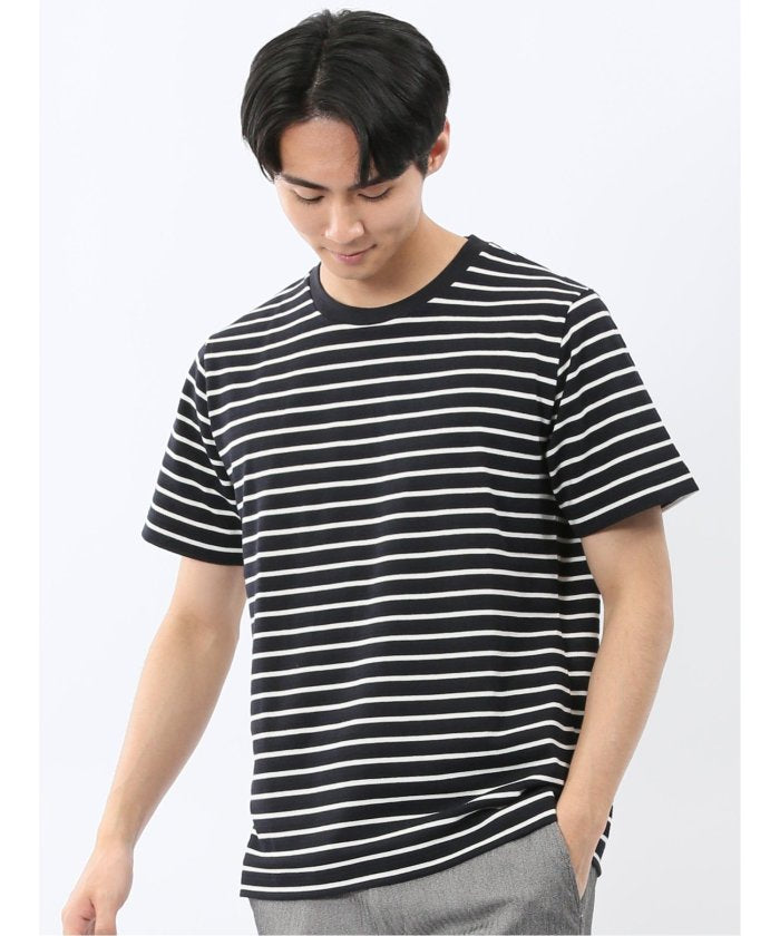 エムエフエディトリアル m.f.editorial ストレッチ ボーダー クルーネック 半袖 Tシャツ （紺） 紺