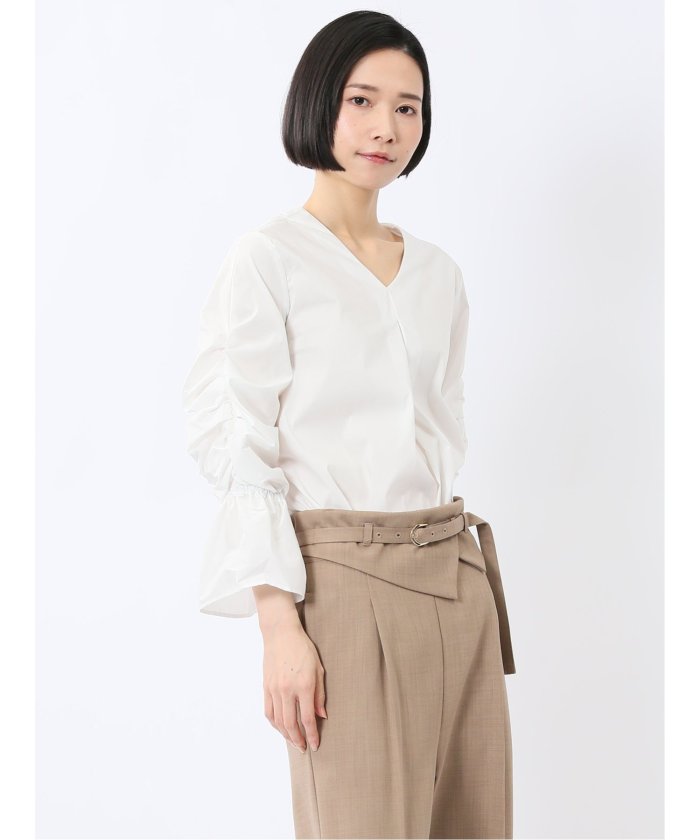 袖ギャザー Vネック プルオーバーブラウス （白） 半袖 レディース シャツ カットソー トップス ブラウス カジュアル インナー ビジネス ギフト プレゼント 白